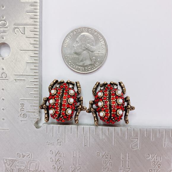 Signed Heidi Daus Ladybug Clip On Earrings Red White Rhinestone Vintage Whimsy - Picture 10 of 10